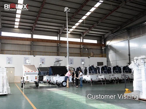 biglux customer visiting factory to inspect mobile solar cctv tower products