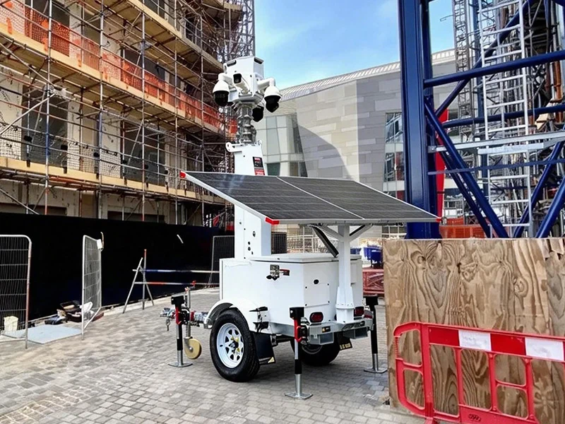 HiSITE compact solar security trailer applied in outdoor construction site surveillance HiSITE compact solar security trailer applied in outdoor construction site surveillance
